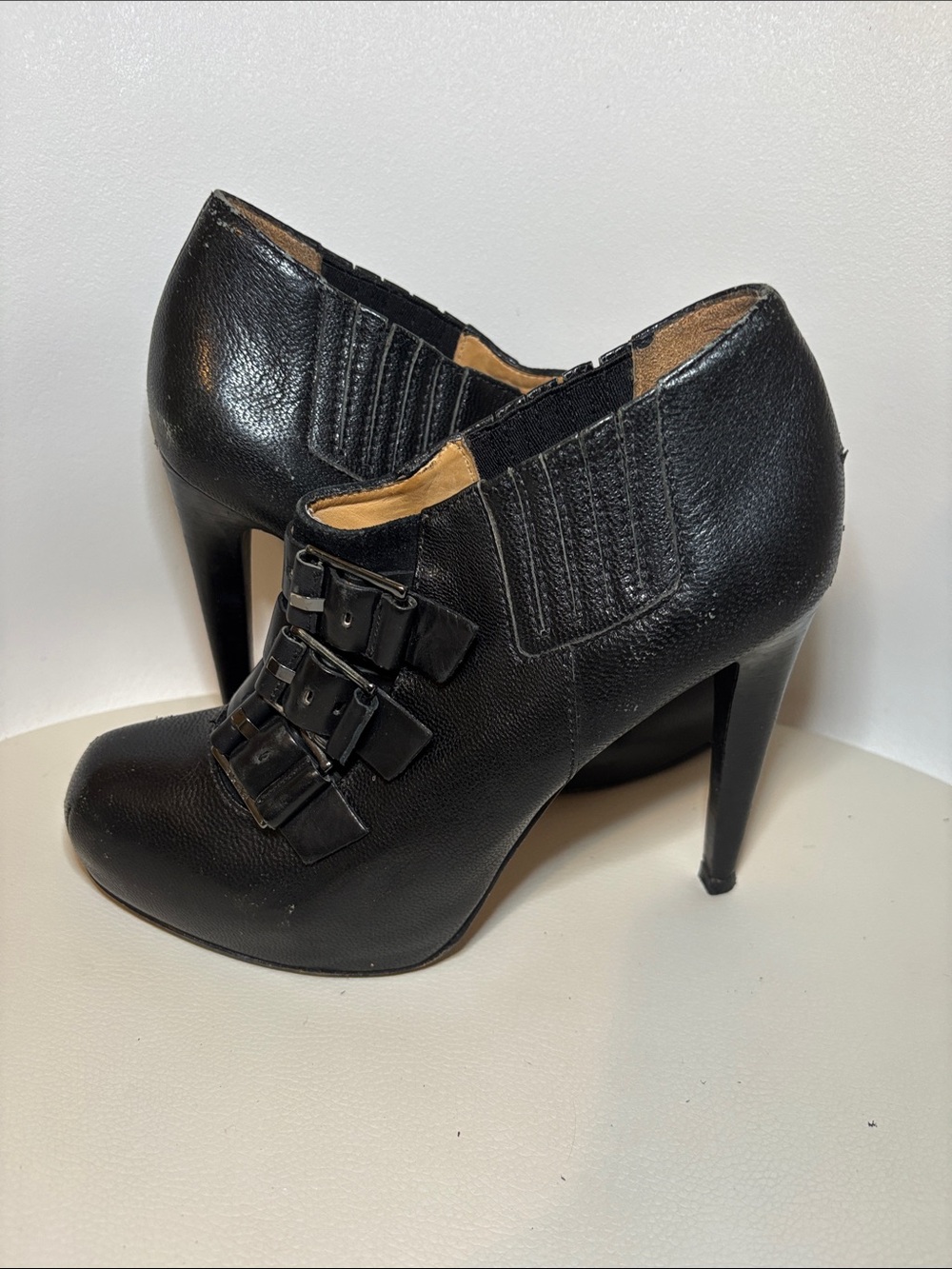 L.A.M.B. Black Leather High-Heel Ankle Booties with Buckle Straps
